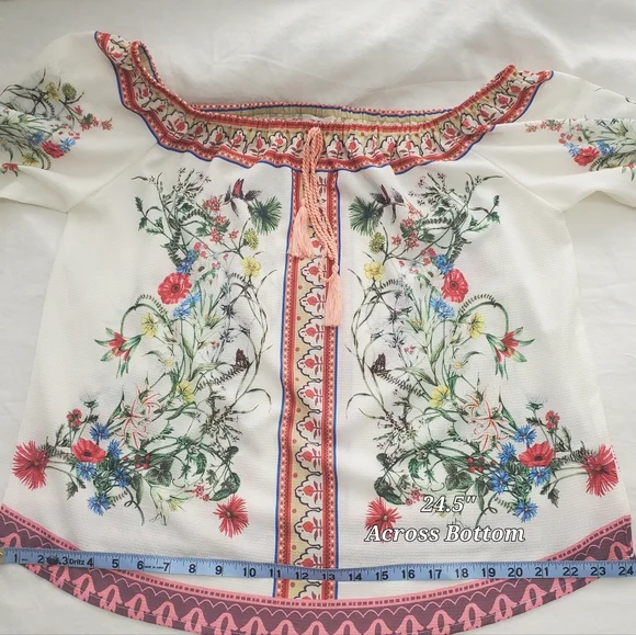 Umgee Floral Off Shoulder Top Blouse Womens Large Boho Peasant Bell Sleeve - Picture 11 of 11